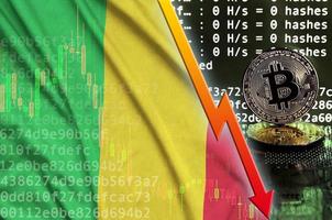 mali-flagge und fallender roter pfeil auf dem bitcoin-mining-bildschirm und zwei physische goldene bitcoins foto