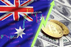 Australische Flagge und wachsender Trend der Kryptowährung mit zwei Bitcoins auf Dollarnoten foto