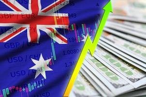 australien-flagge und diagramm, das die us-dollar-position mit einem fan von dollarnoten erhöht foto