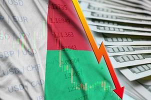 Madagaskar-Flagge und Diagramm, die die US-Dollar-Position mit einem Fan von Dollarscheinen fallen lassen foto