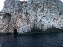 Küste in Island. hohe felsen und gras tagsüber in der nähe des meeres. Naturlandschaft im Sommer foto