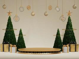 Weihnachtshintergrund mit zylindrischem Podium für Werbeaktionen. runde bühne für die präsentation des verkaufsprodukts. Glaskugeln hängen. 3D-Rendering foto