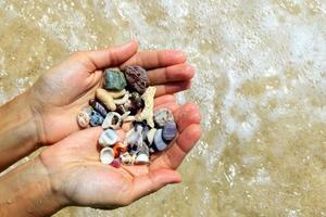 reise nach insel koh larn, thailand. zwei hände mit verschiedenen muscheln und steinen auf dem seestrandhintergrund bei sonnigem sommerwetter. foto