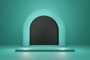grün-blaues Bühnenpodest und Bogen mit dunklem Leerraum für Werbeartikel 3D-Rendering foto