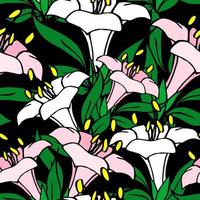 Nahtloses symmetrisches grafisches Muster aus weißen und rosa Blumen auf schwarzem Hintergrund, Texter, Design foto