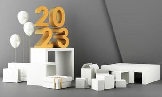 Buchstaben goldene Textur von 2023 im Konzept des neuen Jahres, weiße Marmorfarbtöne, umgeben von geometrischen Formen zur Präsentation der Produkte und Geschenkboxen mit transparenten Kugeln. 3D-Rendering foto