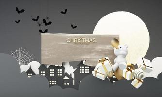 frohes neues jahr und frohe weihnachten winter altstadtstraße. Vollmond und von Wolken umgebener Weihnachtsbaum und eine goldene Geschenkbox mit Eisbär. helle Winterurlaubskomposition. 3D-Rendering foto