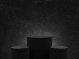 Podiumsständer aus schwarzem Stein auf minimaler Podestbühne. leere produktdisplay-modellplattform oder kosmetische präsentationsvitrine. 3D-Rendering. foto