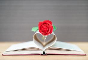 Buchseiten gebogene Herzform und rote Rose foto