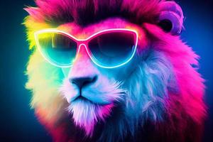 Cyberpunk-Löwe mit Sonnenbrille, gekleidet in Neonfarben foto