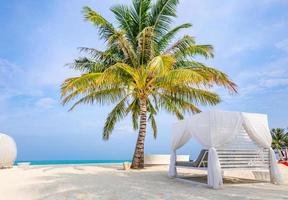 erstaunlicher sommerferienhintergrund. Luxuslandschaft des Strandes mit weißem Stranddach und Liegestühlen. entspannende paradiesinsel, luxuriöse tropische landschaft. Traumszene, Ruhestrand, Lounge-Baldachin foto