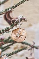 schmücken weihnachtsbaum mit getrocknetem stück apfel mit band. Natürlicher Weihnachtsschmuck für den Weihnachtsbaum, Zero Waste foto