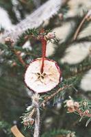 schmücken weihnachtsbaum mit getrocknetem stück apfel mit band. Natürlicher Weihnachtsschmuck für den Weihnachtsbaum, Zero Waste foto