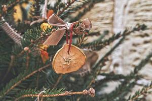 schmücken weihnachtsbaum mit getrocknetem stück apfel mit band. Natürlicher Weihnachtsschmuck für den Weihnachtsbaum, Zero Waste foto