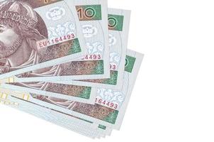 10 polnische Zloty-Scheine liegen in kleinen Bündeln oder Packungen isoliert auf Weiß. modell mit kopierraum. Geschäft und Geldwechsel foto