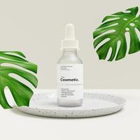 3D-Rendering-Serum in glasmattem Flaschenmodell auf Terrazzoplatte foto