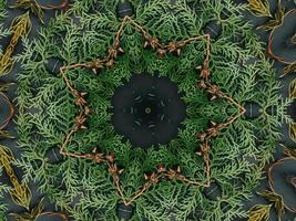 schwarzer abstrakter kaleidoskophintergrund mit blattverzierung für weihnachtsstimmungsmuster foto