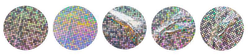 leeres rundes selbstklebendes holografisches Folienaufkleber-Etikettenset isoliert auf weißem Hintergrund foto