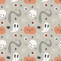 hand gezeichnetes nahtloses muster halloweens mit kürbisen, schädel, schlange, geistern, spinne, spinnennetz, augen. niedliche gruselige vektorillustration für verpackungspapier, hintergrund, textil, stoff, kleidung foto