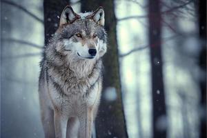 eurasischer Wolf im weißen Winterlebensraum schöner Winterwald foto