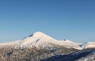 majestätischer petros-berg, der vom sonnenlicht beleuchtet wird. magische Winterlandschaft mit schneebedeckten Bäumen am Tag foto