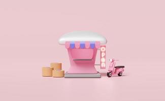 3D-Gebäude Ladengeschäft Café mit Dollarmünzenstapeln, offenem Schild, Roller isoliert auf rosa Hintergrund. Startup-Franchise-Geschäftskonzept, 3D-Darstellung foto