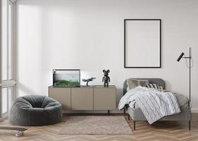 leerer vertikaler Bilderrahmen an weißer Wand im modernen Kinder- oder Teenagerzimmer. Mock-up-Interieur im zeitgenössischen Stil. kostenlos, kopieren Sie Platz für Bild, Poster. Bett, Sideboard. gemütliches Zimmer für Kinder. 3D-Rendering. foto