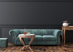 leere schwarze wand im modernen wohnzimmer. Mock-up-Interieur im klassischen Stil. Kopieren Sie Platz für Ihr Bild, Poster. Vorlage für Kunstwerke. blaues Samtsofa, Parkettboden, Wandleiste. 3D-Rendering. foto