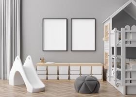 Zwei leere vertikale Bilderrahmen an grauer Wand im modernen Kinderzimmer. Mock-up-Interieur im zeitgenössischen, skandinavischen Stil. kostenlos, Platz für Bild kopieren. Bett, Spielzeug. gemütliches Zimmer für Kinder. 3D-Rendering. foto