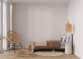 leere Wand im modernen Kinderzimmer. Mock-up-Interieur im Boho-Stil. frei, kopieren Sie Platz für Ihr Bild oder Poster. Bett, Rattanstuhl, Teppich, Spielzeug. gemütliches Zimmer für Kinder. 3D-Rendering. foto