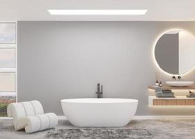 schönes, helles und modernes Badezimmer. großes Fenster und Blick auf die Stadt. Badewanne, Waschbecken, Sessel. wohneinrichtung im zeitgenössischen stil. luxuriöses Badezimmerdesign. Innenarchitekturprojekt. Hotel. 3D-Rendering. foto