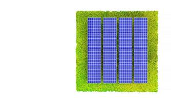 Solarzellen mit natürlicher Energie. isometrische hintergrunddraufsicht auf große sonnenkollektoren auf grünem gras mit kopie. konzept eines guten solarsystems für erneuerbare energien. 3D-Darstellung foto
