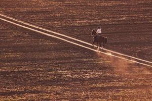 junge Frau mit Schutzhut, die tagsüber auf ihrem Pferd in der Landwirtschaft reitet foto