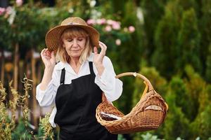 mit Korb in den Händen. Seniorin ist tagsüber im Garten. Vorstellung von Pflanzen und Jahreszeiten foto