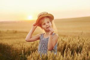 Kleines Mädchen, das abends auf dem landwirtschaftlichen Feld steht. Konzeption der Sommerfreizeit foto