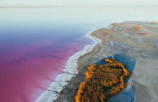 Küste mit rosa Wasser. luftaufnahme der majestätischen landschaften der insel jarilgach in der ukraine foto