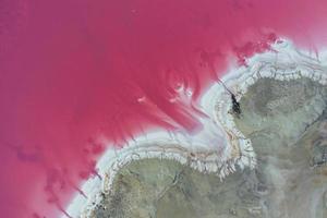 Küste mit rosa Wasser. luftaufnahme der majestätischen landschaften der insel jarilgach in der ukraine foto