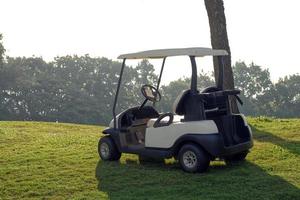 Weißer Golfwagen, der mit Morgensonne auf dem Golfplatz geparkt ist foto