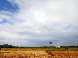 wunderschöne Naturkulisse im blauen Himmel, weiße Wolken und viele grüne Bäume drumherum foto