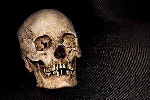 menschlicher skelettschädelkopf isoliert auf schwarz foto