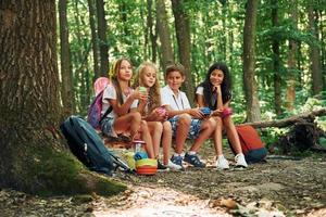 im Lager sitzen. kinder, die mit reiseausrüstung im wald spazieren gehen foto