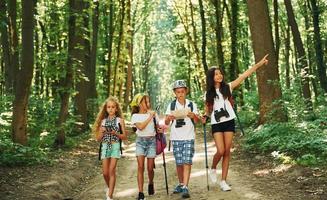 Suche nach dem Weg. kinder, die mit reiseausrüstung im wald spazieren gehen foto