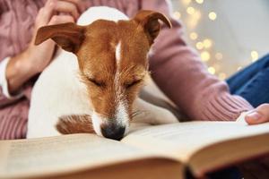 Frau hält Hund und Lesebuch. Entspannen zusammen mit einem Haustier foto