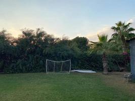 kleine Tore zum Mini-Fußball spielen auf einem grünen Rasen vor dem Hintergrund von Palmen im Urlaub in einem paradiesisch warmen östlichen tropischen Landresort foto