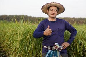 gutaussehender asiatischer Bauer trägt Hut, blaues Hemd, legt die Hand auf die Hüfte, Daumen hoch, steht am Reisfeld. konzept, landwirtschaftsberuf, landwirt bauen bio-reis an. foto