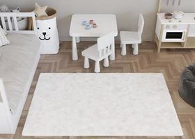 Modell für Teppich. Kinderzimmereinrichtung im zeitgenössischen Stil. Ansicht von oben. Platz für Ihren Teppich oder Ihr Teppichdesign. moderne Vorlage. 3D-Rendering.