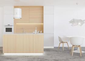 schöne, helle und moderne Küche. weiße und hölzerne Küchenmöbel. Esstisch mit Stühlen. wohneinrichtung im zeitgenössischen, skandinavischen stil. 3D-Rendering. foto