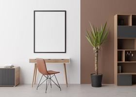 leerer vertikaler bilderrahmen auf weißer wand im modernen raum. Mock-up-Interieur im minimalistischen, zeitgenössischen Stil. kostenlos, kopieren Sie Platz für Ihr Bild, Poster. Schreibtisch, Stuhl, Sideboard, Pflanze. 3D-Rendering. foto