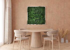 Stabilisiertes Moos, das in modernen Innenräumen an der Wand hängt. Panel aus grünem Moos. schönes quadratisches Dekorationselement aus stabilisierten Pflanzen, Gras, Moos, Farn und grünen Blättern. 3D-Rendering. foto