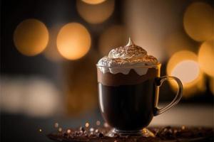 heiße schokolade im café zur weihnachtszeit mit schönem goldenem bokeh warmem gewürzgetränk foto